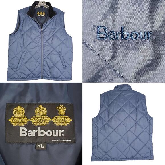 Barbour Vest Mens Size XL Quilted Zip Up Corduroy Collar Jacket Blue Pockets - Picture 1 of 8